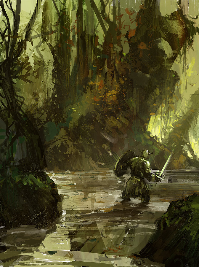 swamp, Jared Shear, digital art, painting, jungle, knight, fantasy,