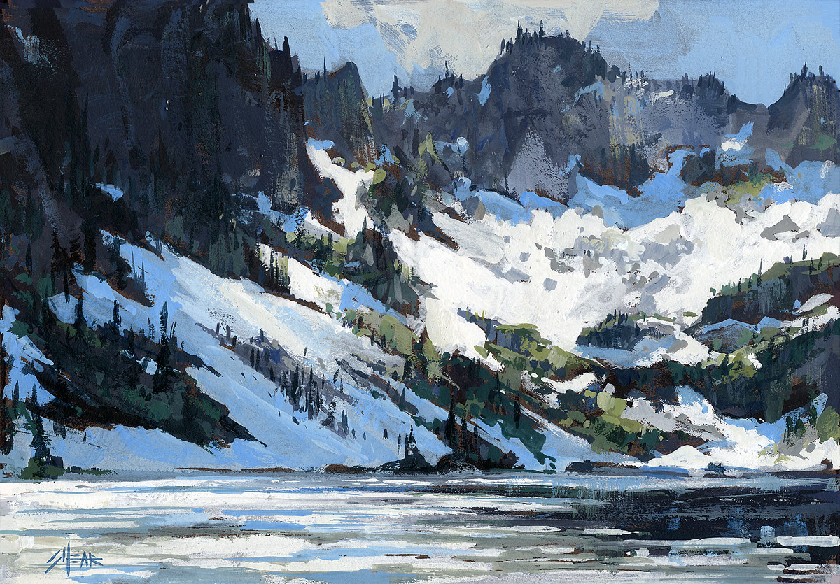Little Spar Lake, Montana, art, painting, oil on board, Jared Shear, snow, water, mountains, landscape