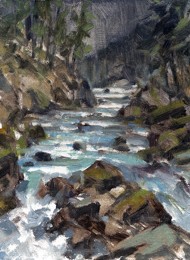 Jared Shear, art, painting, plein air, Montana, landscape, prospect creek, water, stream, oil painting, linen