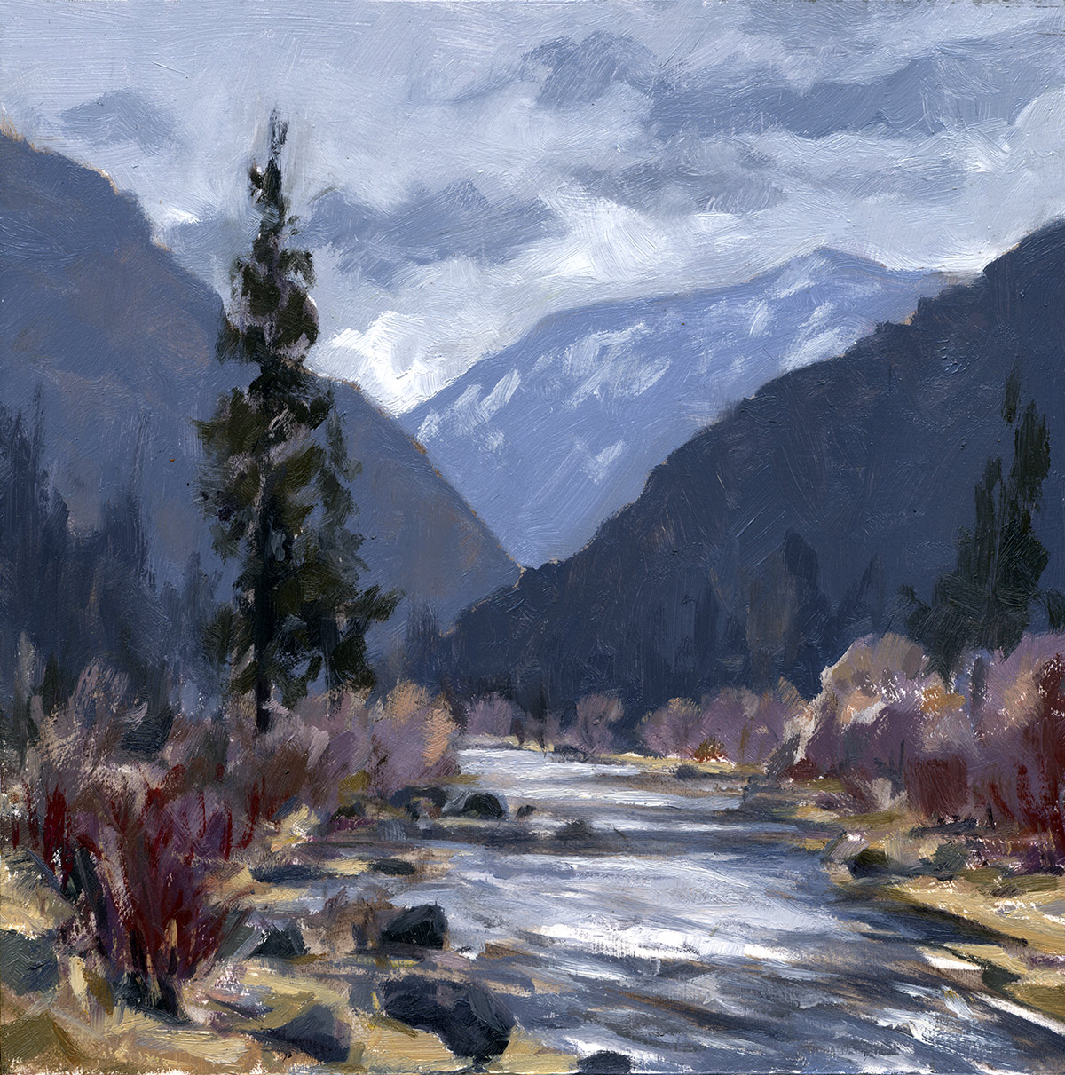 Jared Shear, plein air, Montana, oil painting, landscape, Thompson River, water, river, mountains