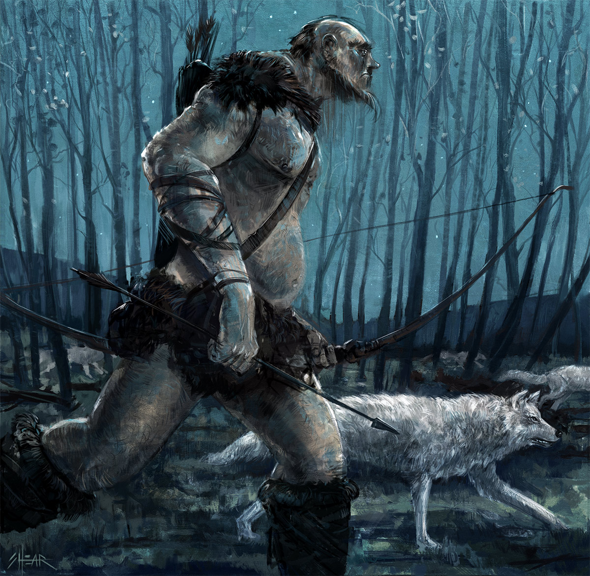 Jared Shear, art, painting, nocturne, fantasy, illustration, night, wolf, wolves, hunter,