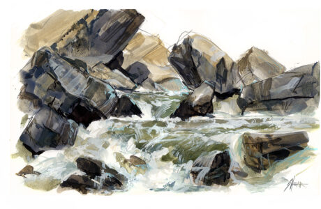 Jared Shear, art, painting, watercolor, gouache, rocks, water, Montana, plein air, river,