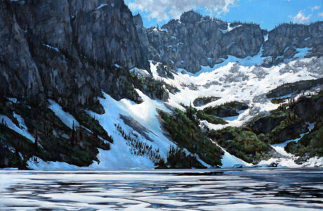 Jared Shear, art, landscape, Montana, mountain lake, snow, lake, art, painting, oil on canvas, mountain, ice,