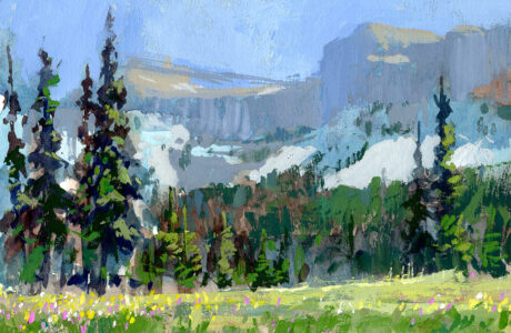 jared shear, bob marshall wilderness, wilderness, art, plein air, painting, landscape, Montana, gouache, chinese wall, mountains, trees,